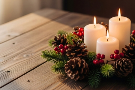 Drei brennende Kerzen auf einem Adventskranz